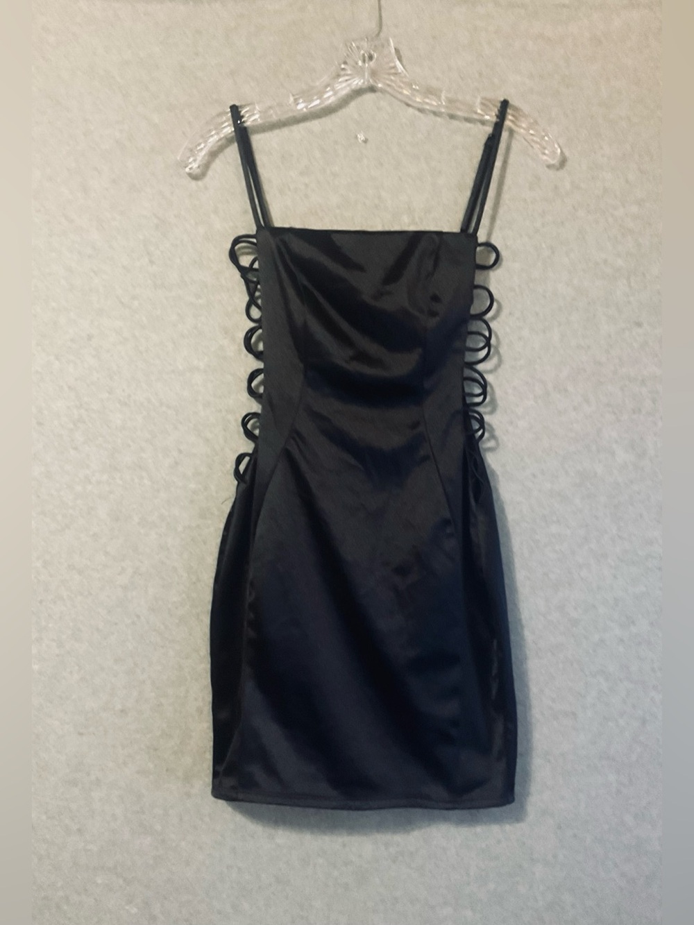Windsor Black Satin Mini Dress with Side Loop Cutouts SZ S